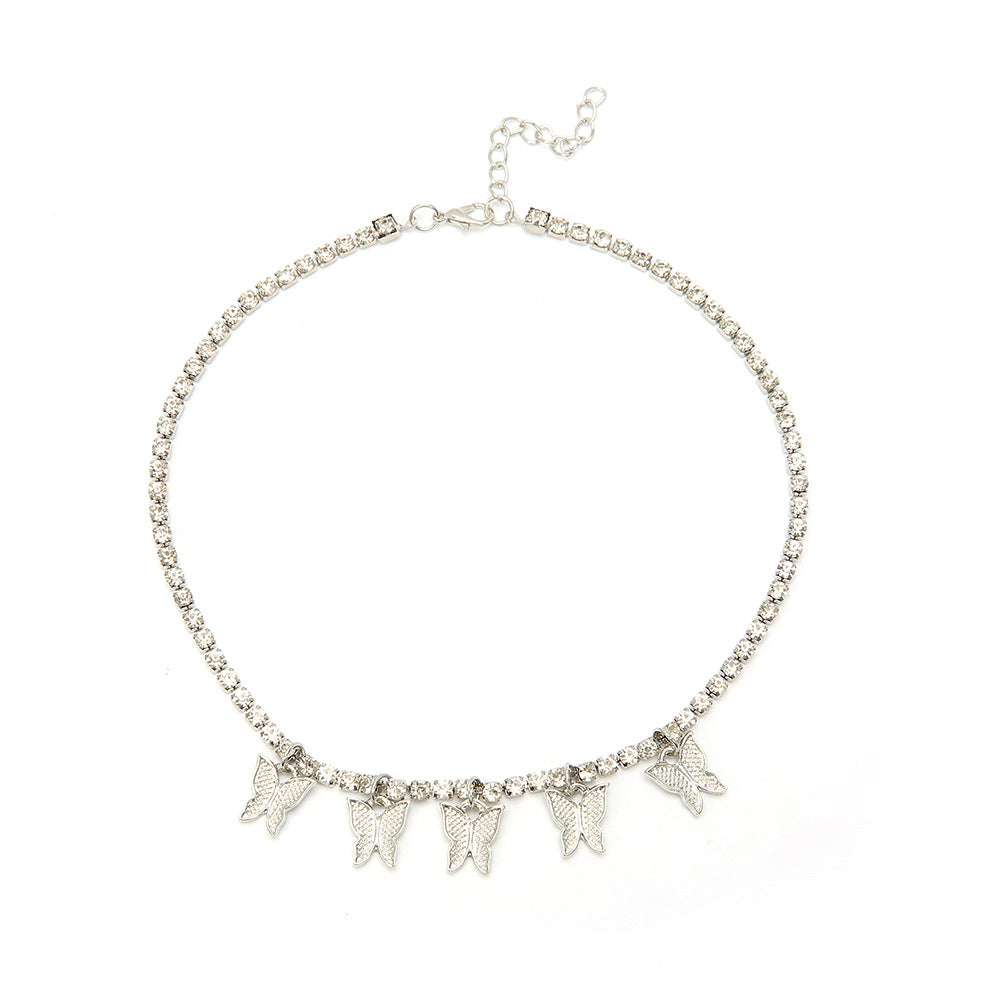 Womens Generous Single Layer Diamond Claw Chain Necklaces Butterfly Korean Style Hausofjb