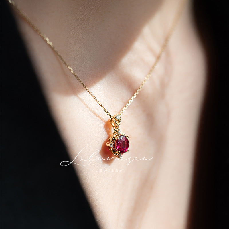 18K Gold Plated Ruby Necklace Exquisite Ellipse Retro Palace Style Hausofjb