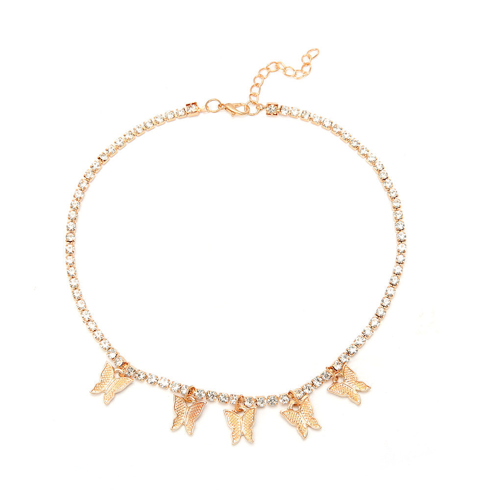 Womens Generous Single Layer Diamond Claw Chain Necklaces Butterfly Korean Style Hausofjb