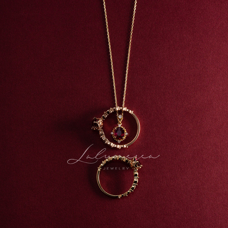 18K Gold Plated Ruby Necklace Exquisite Ellipse Retro Palace Style Hausofjb