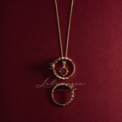 18K Gold Plated Ruby Necklace Exquisite Ellipse Retro Palace Style Hausofjb