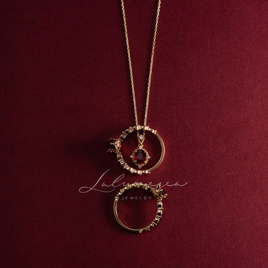 18K Gold Plated Ruby Necklace Exquisite Ellipse Retro Palace Style Hausofjb