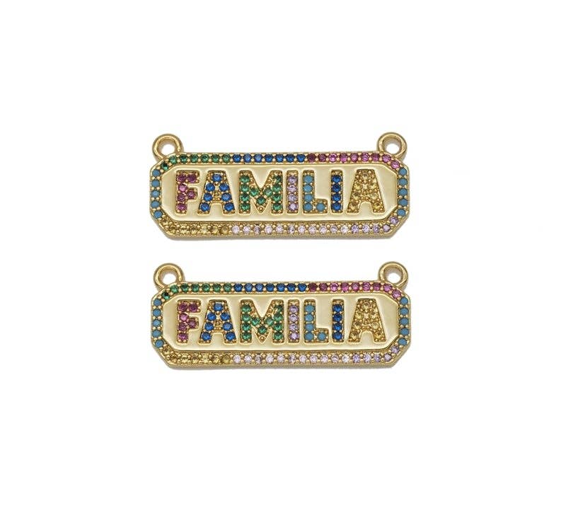Gold Colorful CZ Familia Word On Rectangle Charm, Sku#Y725