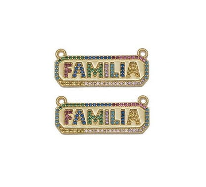 Gold Colorful CZ Familia Word On Rectangle Charm, Sku#Y725