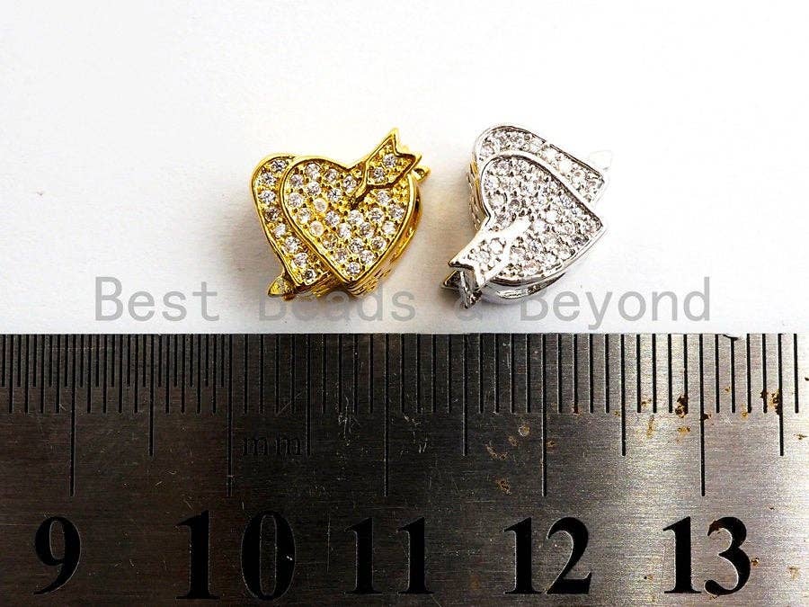 CZ Micro Pave Cupid Heart Big Hole Beads, Cubic Zirconia Heart Spacer Beads, Micro Pave Silver/Gold Heart Charms, 11x11x9mm,sku#Y123