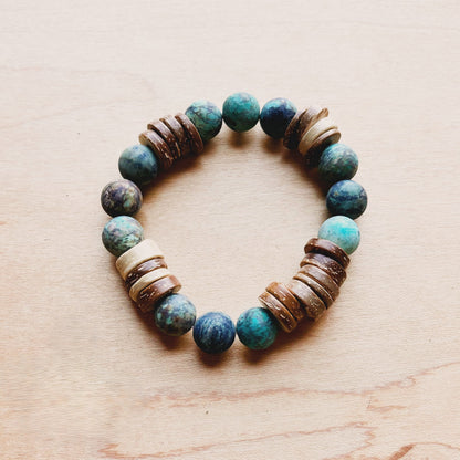 Frosted African Turquoise and Wood Stretch Bracelet (808x)
