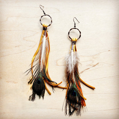 Mustard Deer Skin Leather Tassel Earring Peacock Feather 219i