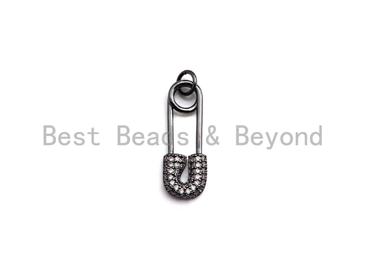 CZ Micro Pave Safety Pin Pendant, Cubic Zirconia Pendant Charm, Gold/Silver/Black, 8x25mm, SKU#Y239