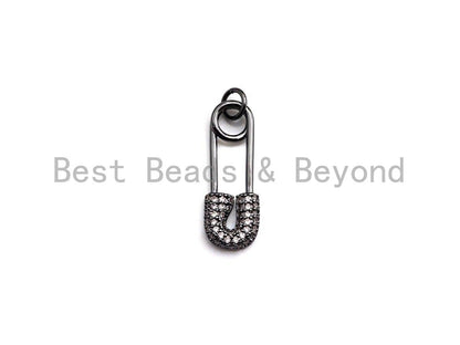CZ Micro Pave Safety Pin Pendant, Cubic Zirconia Pendant Charm, Gold/Silver/Black, 8x25mm, SKU#Y239