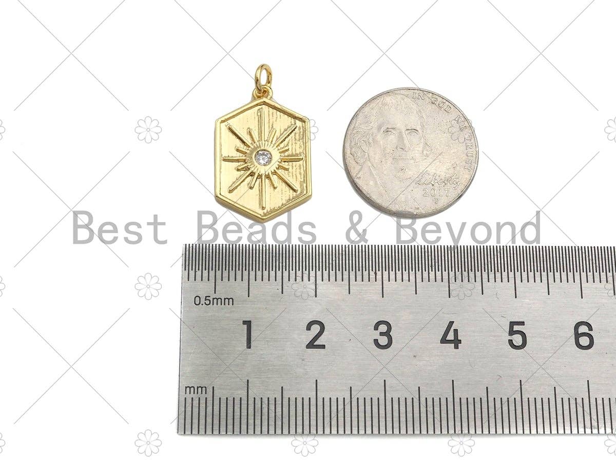 CZ Micro Pave Radial Star On Hexagon Shape Pendant, 18K Gold Medallion Charm, Necklace Bracelet Charm Pendant, 23x15mm,Sku#Y435