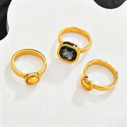 Hollow Geometric Black Crystal Jewelry Set For Women, Adjustable Bracelet Ring Earrings 3Pcs Matching Set, Minimal Cool Fashion Jewelry