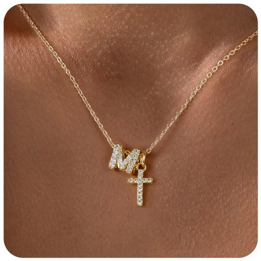 Zircon Inlaid 26 Letter Cross English Necklace