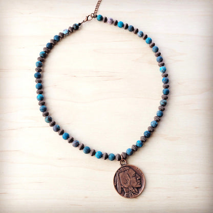 **Natural American Turquoise Beaded Collar Necklace w/ Indian Head Pendant 262h