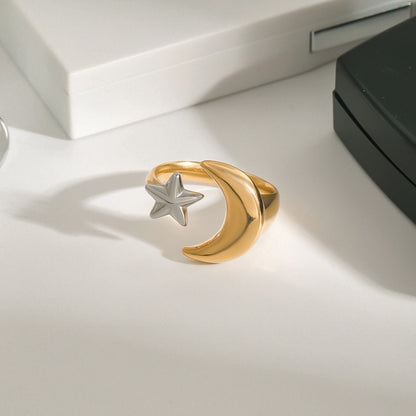 18K gold moon and star with gold and silver color matching design trendy personality open ring