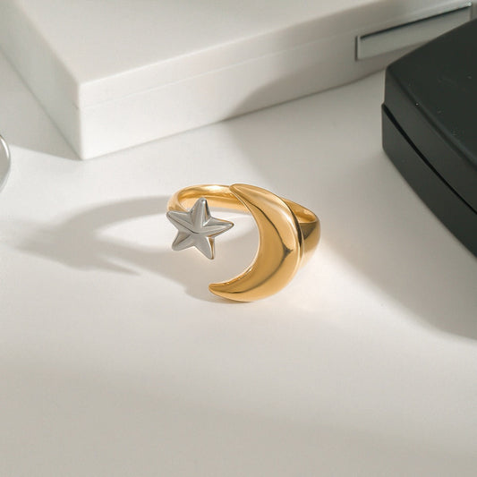 18K Gold Moon And Star With Gold And Silver Color Matching Design Trendy Personality Open Ring