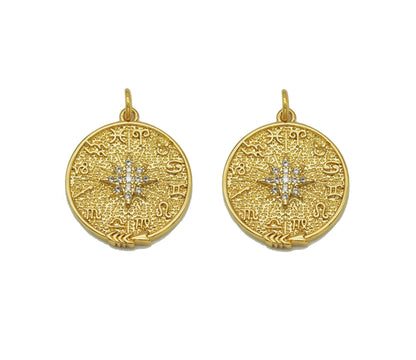 CZ North Star On Round Coin Charm, Sku#Y684