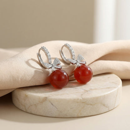 925 Sterling Silver Elegant Red Agate and Sparkling Crystal Bowknot Drop Hoop Earrings