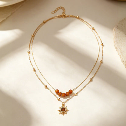 Cross-border Vintage Sunflower Tiger's Eye Necklace For Women, Niche Design Premium Texture Stackable Clavicle Chain Matching Jewelry