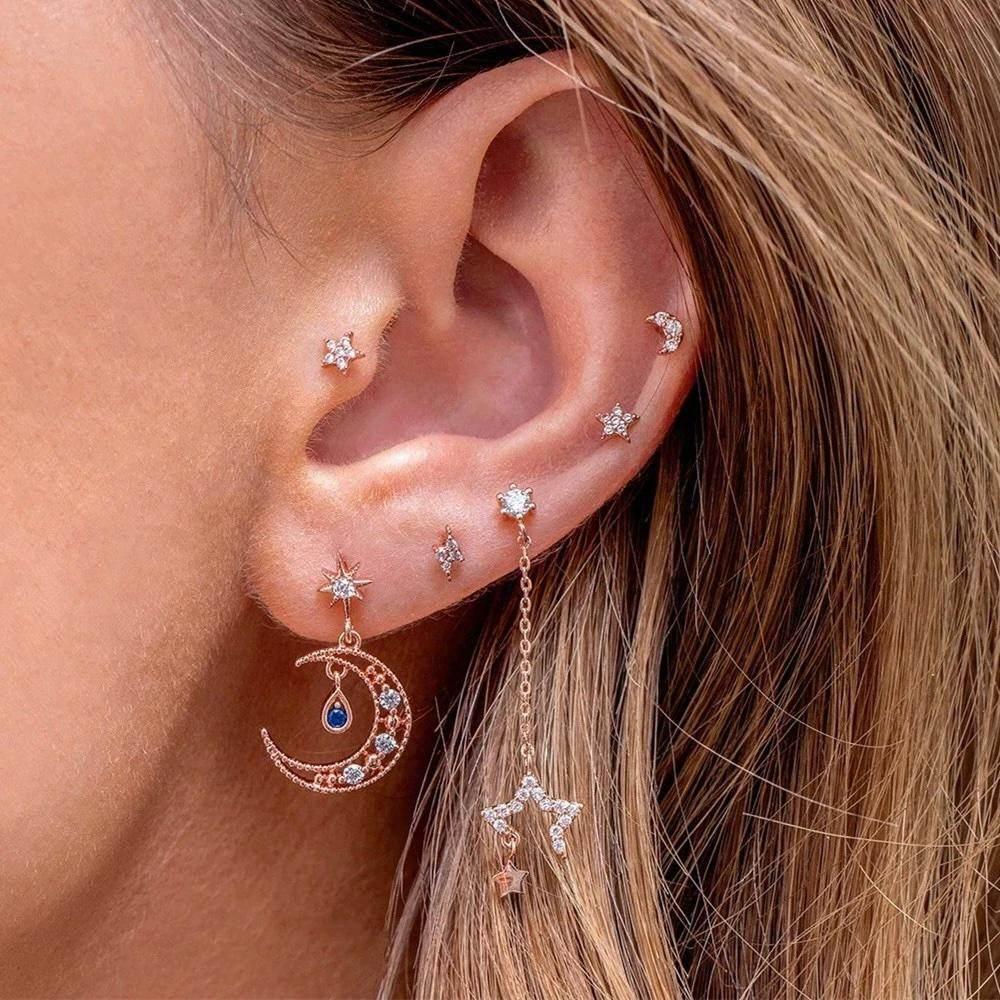 Stacking 6 Pieces Melody Charm Notes Earring Set, 18k Gold Hoop with Drops, S925 Needle, Stacked Lobe Designs with Dazzling Zirconia