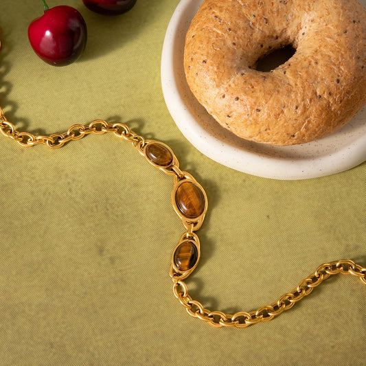 18K Gold-plated Titanium Necklace With Tiger's Eye
