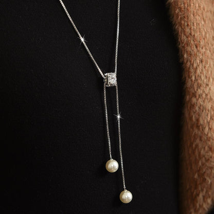 Dainty Pull Adjustable Sweater Chain For Women, Square Zircon Double Pearl Tassel Long Necklace, Elegant Minimal Autumn Winter Fashion Jewelry