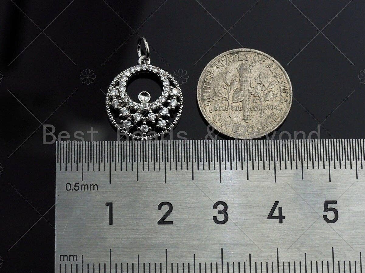 CZ Micro Pave Round Filligree Round GO-GO Pendant/Charm, Hollow Out Cubic Zirconia Pendant, Silver/Gold Tone, 15mm, Sku#Y260