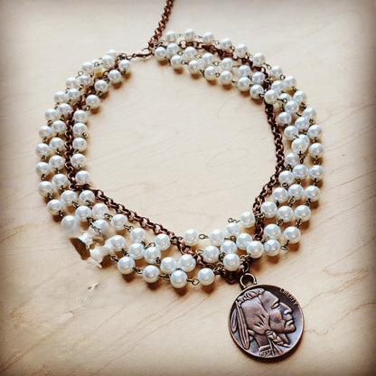 Pearl and Copper Collar-Length Necklace with Indian Coin 255w