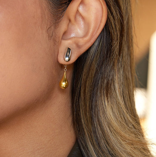 18K Gold And S925 Silver Two-tone Teardrop Front And Back Stud Earrings