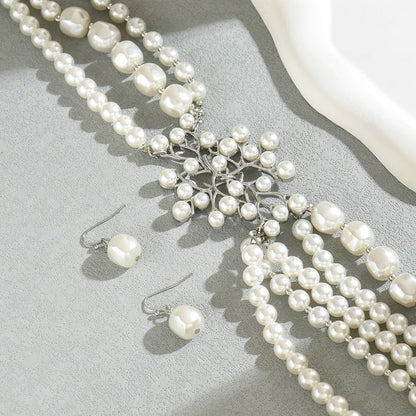 Stylish European American Geometric Women Jewelry Set, Unique Design With Strung Faux Pearls, Versatile Elegant Matching Necklace And Stud Earrings For Daily Wear