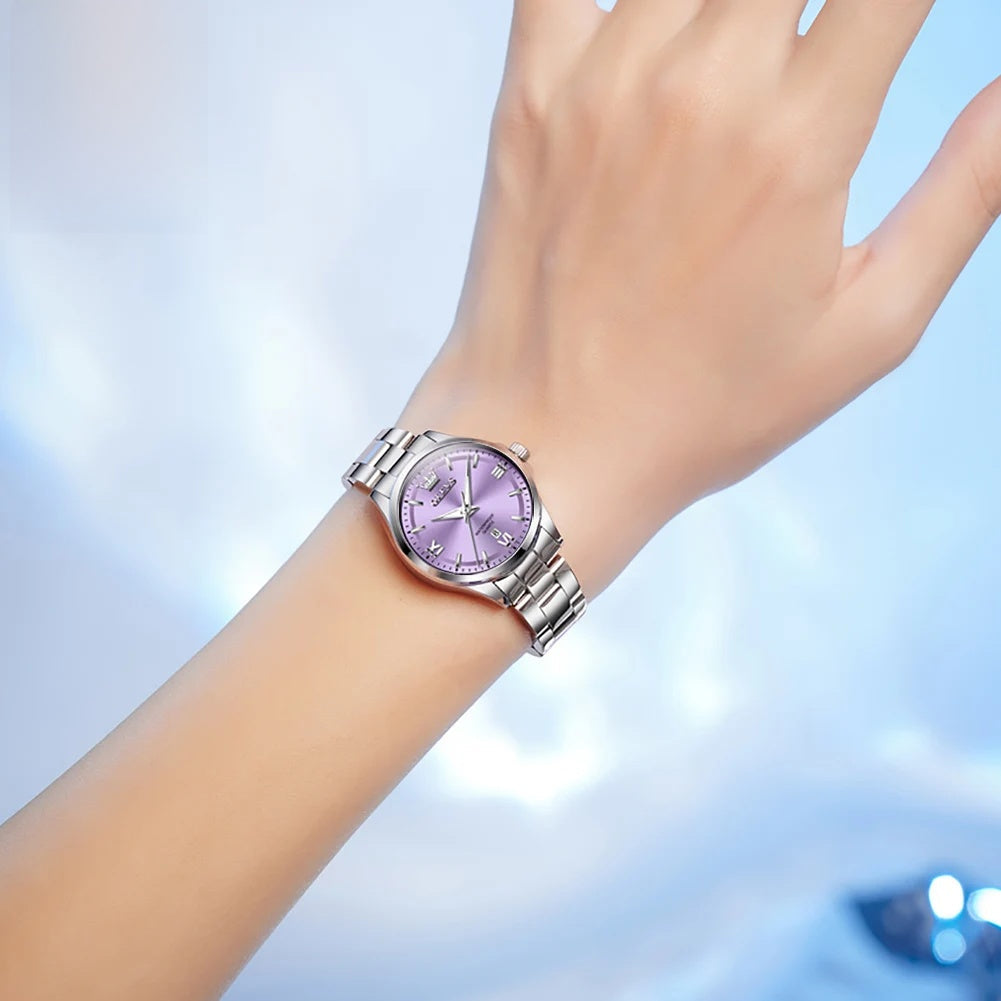 Women's Stainless Steel Watch Purple Dial Luminous Date
