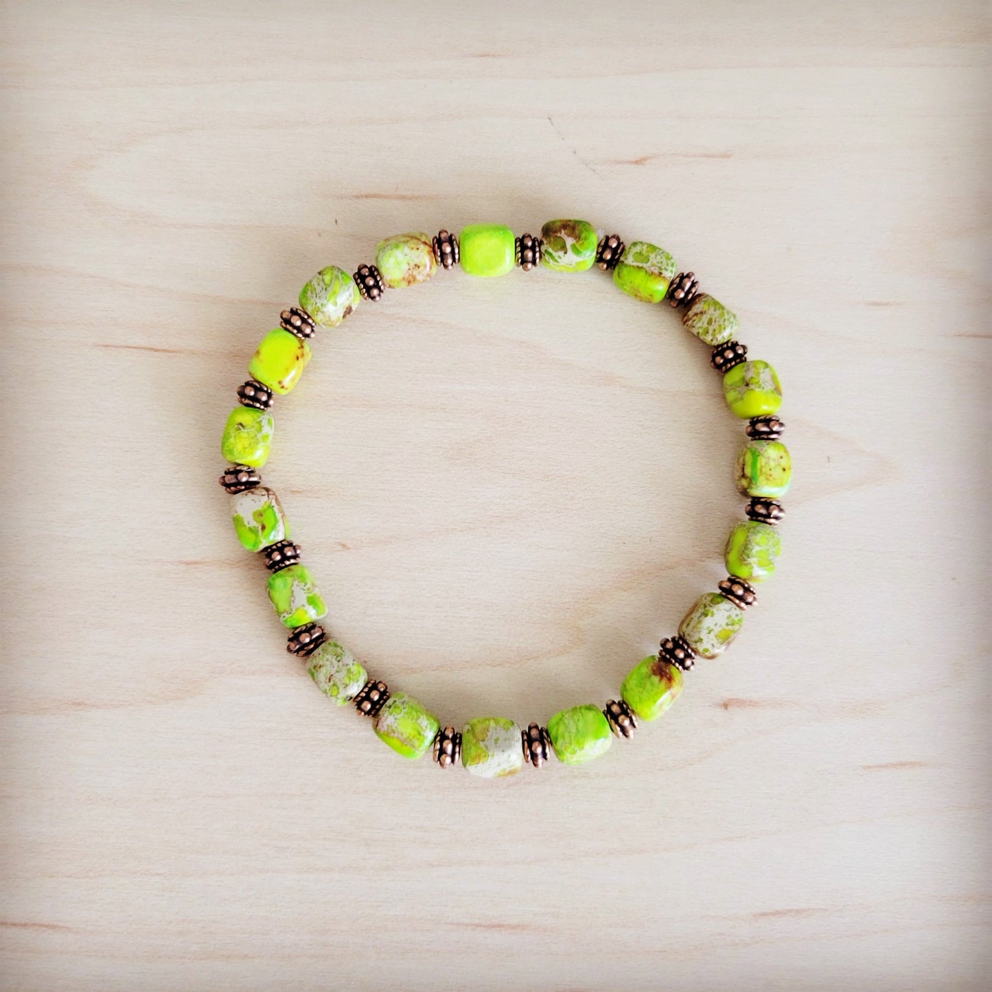 Genuine Regalite and Copper Stretch Beaded Bracelet Lime Green 812d