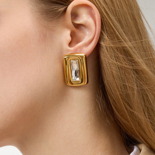 Square 18K Gold-plated Titanium Steel Stud Earrings With Embedded Cubic Zirconia