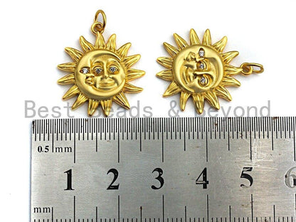 CZ Micro Pave Matte Finish Round With Moon And Sun Pendant/Charm, Indian Pattern Cubic Zirconia Pendant, Silver/Gold Tone,20x22mm,Sku#Y207