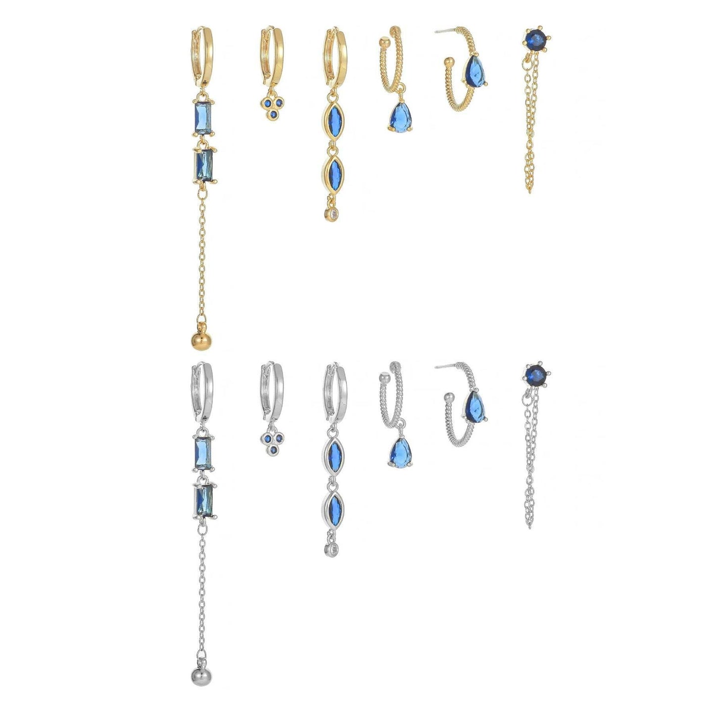 Stacking 6 Pieces Long Tassel Vintage Earring Set with Micro-Pavé Dazzling Blue Zircons, 18k Gold Plated Ear Studs & Ear Drops, S925 Needle, Stacked Lobe Designs with Dazzling Zirconia