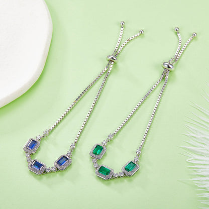 S925 Sterling Silver Adjustable Bolo Bracelet, 6x4mm 3-Stone Lab-Grown Emerald Sapphire Halo, 21cm Platinum Plated 6.2g Women's Jewelry Gift Box