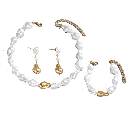 Cross-border European American Vintage Jewelry Set, Baroque Faux Pearl Necklace & Bracelet Matching Premium Versatile Earrings, Daily Women Fashion Ornaments