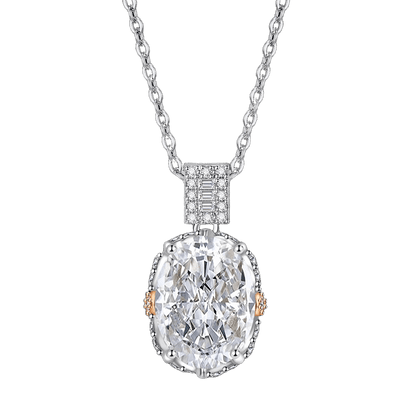 Multicolor Ice Flower Cut Oval CZ Pendant Necklace, 10*14mm 8A Cubic Zirconia, Two-Tone Pave CZ Halo with Pavé Top Frame, Adjustable Chain, Dainty Luxe