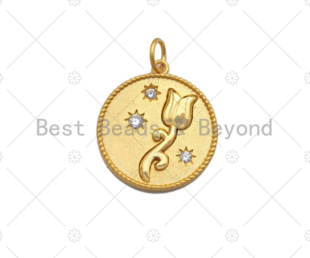 CZ Micro Pave Tulip On Round Coin Pendant, Cubic Zirconia Flower Round Pendant, Gold/Rose Gold/Silver Tone pendant,17x15mm, Sku#Y369