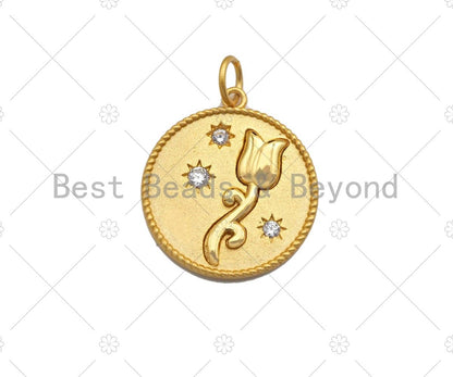 CZ Micro Pave Tulip On Round Coin Pendant, Cubic Zirconia Flower Round Pendant, Gold/Rose Gold/Silver Tone pendant,17x15mm, Sku#Y369