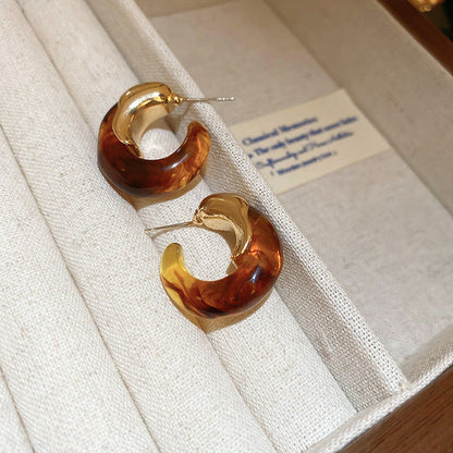 Handmade Maillard Aesthetic Hoops, Amber Resin & Gold Tone C-Shaped Earrings, Vintage Chunky Lightweight Fashion Jewelry, Unique Gift For Her