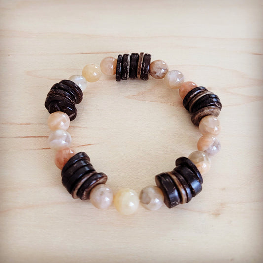 **Natural Agate and Wood Beaded Stretch Bracelet 811n