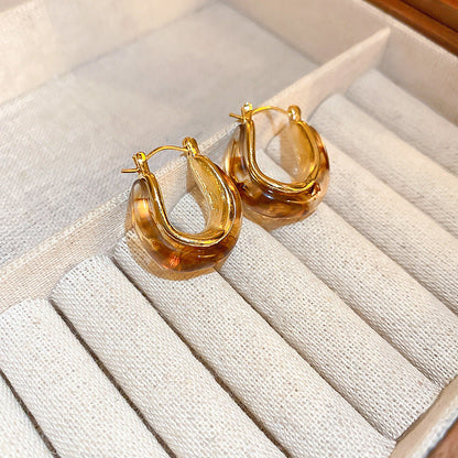 Vintage Brown Resin Round Stud Earrings, Maillard Style Silver Texture Geometric Earrings, Retro Luxury Fashion Jewelry For Women, Gift For Her