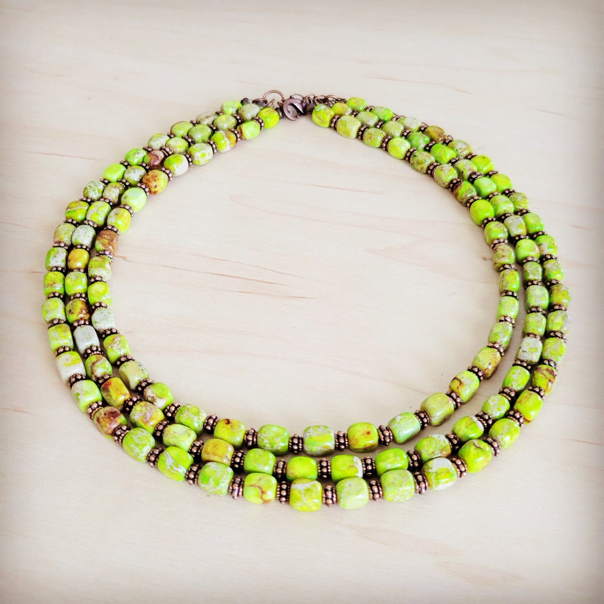 Triple Strand Layered Boho Lime Green Regalite Collar Necklace 264i