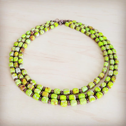 Triple Strand Layered Boho Lime Green Regalite Collar Necklace 264i
