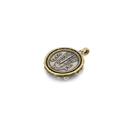 Double-Sided Antique Ancient Greek coin with White Pearl Charm, Sku#Y885