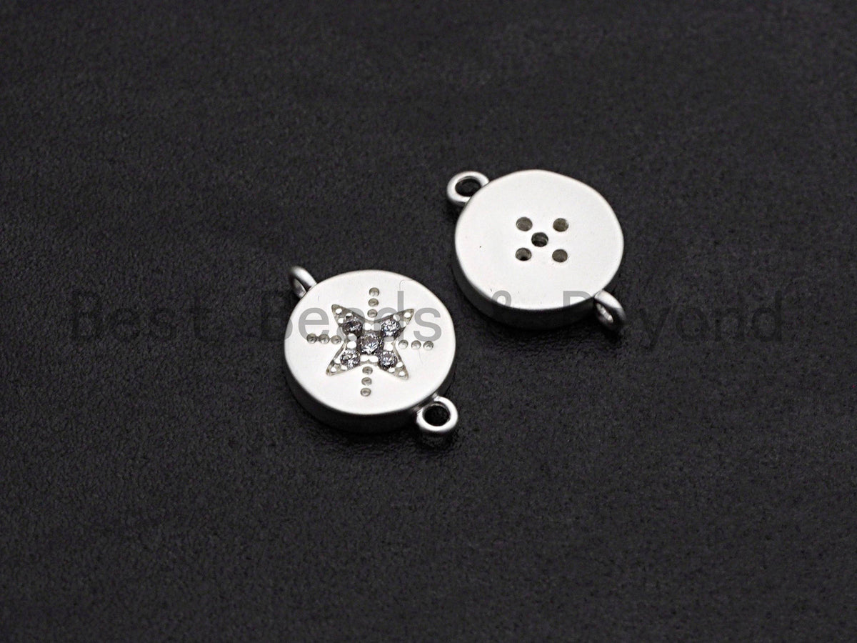 CZ Micro Pave Round Coin With Star Connector,Cubic Zirconia Connector, Silver Tone,9x13mm,sku#Y223