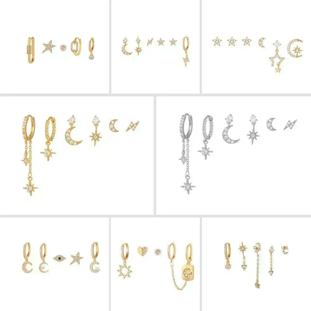 Stacking 6 Pieces Crystal Cascade Drops Earring Set, 18k Gold Hoop with Drops, S925 Needle, Stacked Lobe Designs with Dazzling Zirconia