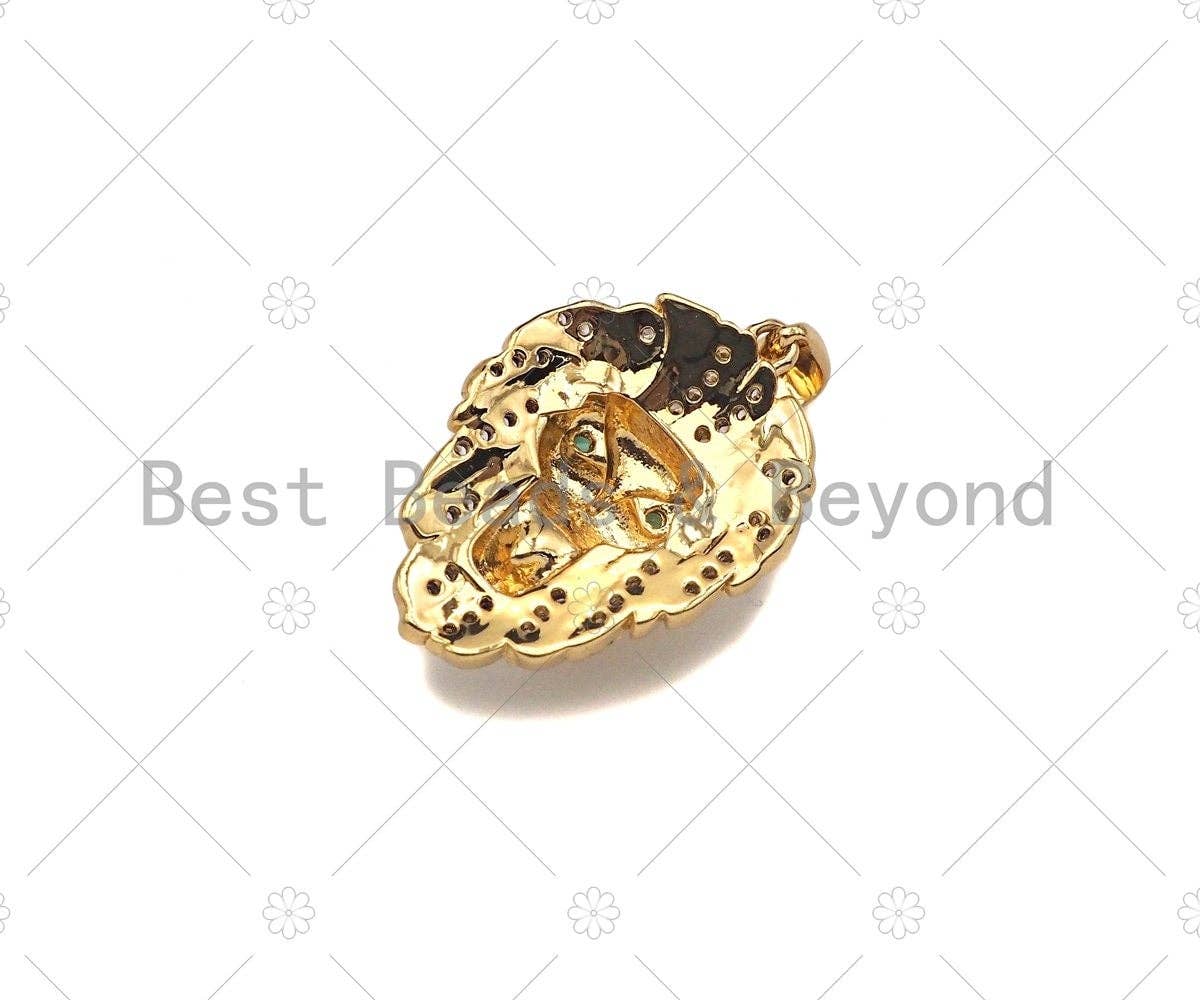 Gold Filled CZ Micro Pave  Lion Head with Green Eye Pendant, 18K Gold Filled Lion Head Charm, Necklace Bracelet Pendant, 14x20mm, Sku#Y443