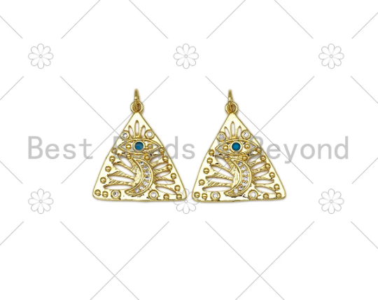 CZ Micro Pave Evil Eye Cresent Moon On Hollow Out Triangle Pendant, 18K Gold Filled CZ Charm, Necklace Bracelet Pendant,21x23mm,Sku#Y496