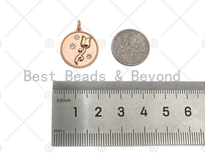 CZ Micro Pave Tulip On Round Coin Pendant, Cubic Zirconia Flower Round Pendant, Gold/Rose Gold/Silver Tone pendant,17x15mm, Sku#Y369